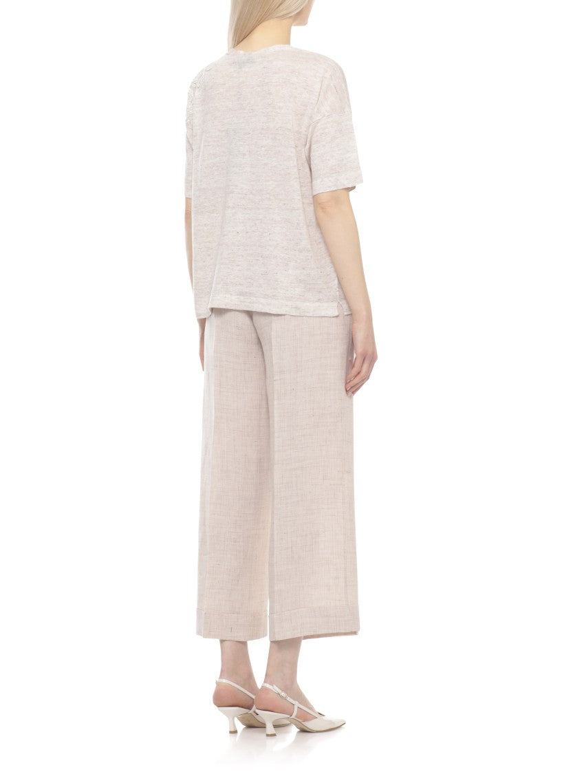 D. Exterior Beige Lace Linen-Blend V-Neck Short-Sleeved Top