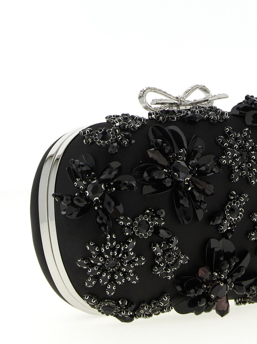 Self-Portrait 'Black Satin Floral Crystal' Clutch