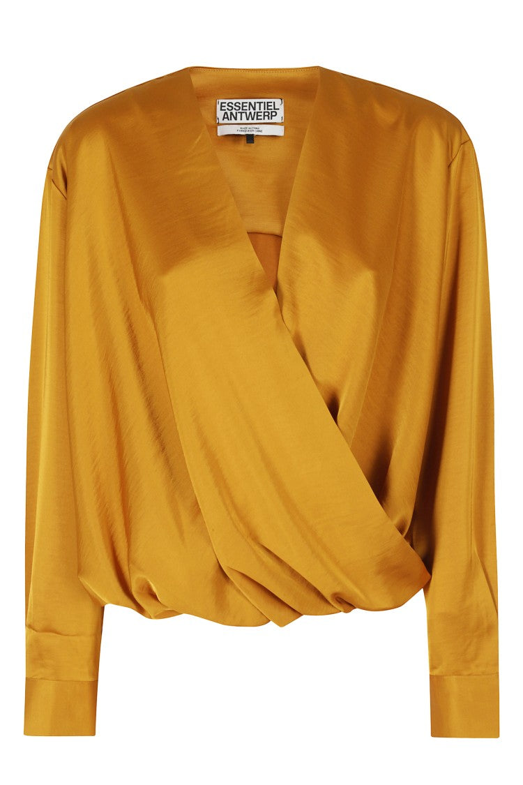 Essentiel Antwerp Caramel Drip Draped Recycled Polyester Wrap Top
