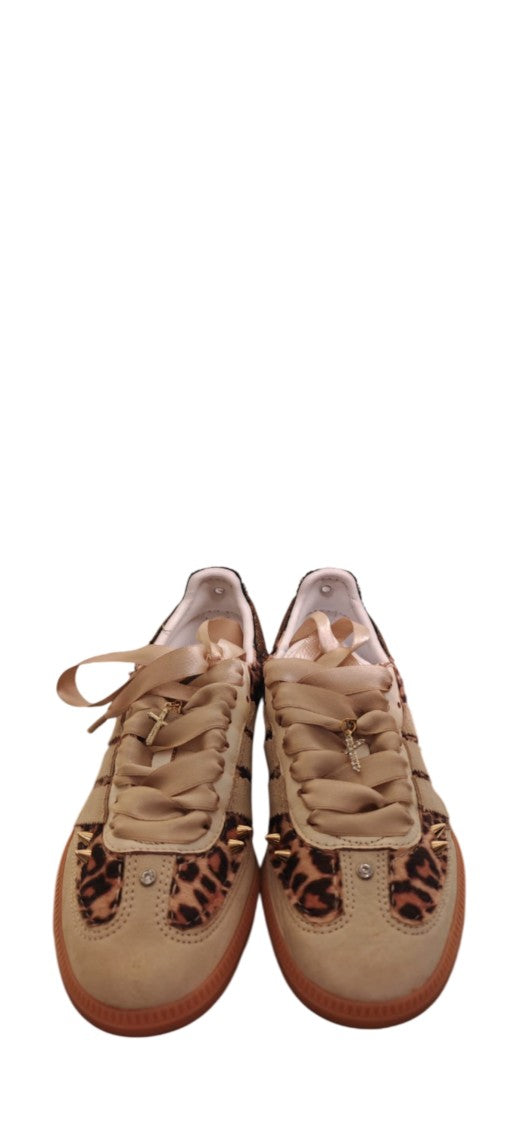 Adidas Beige Leopard Print Sneakers With Satin Ribbons