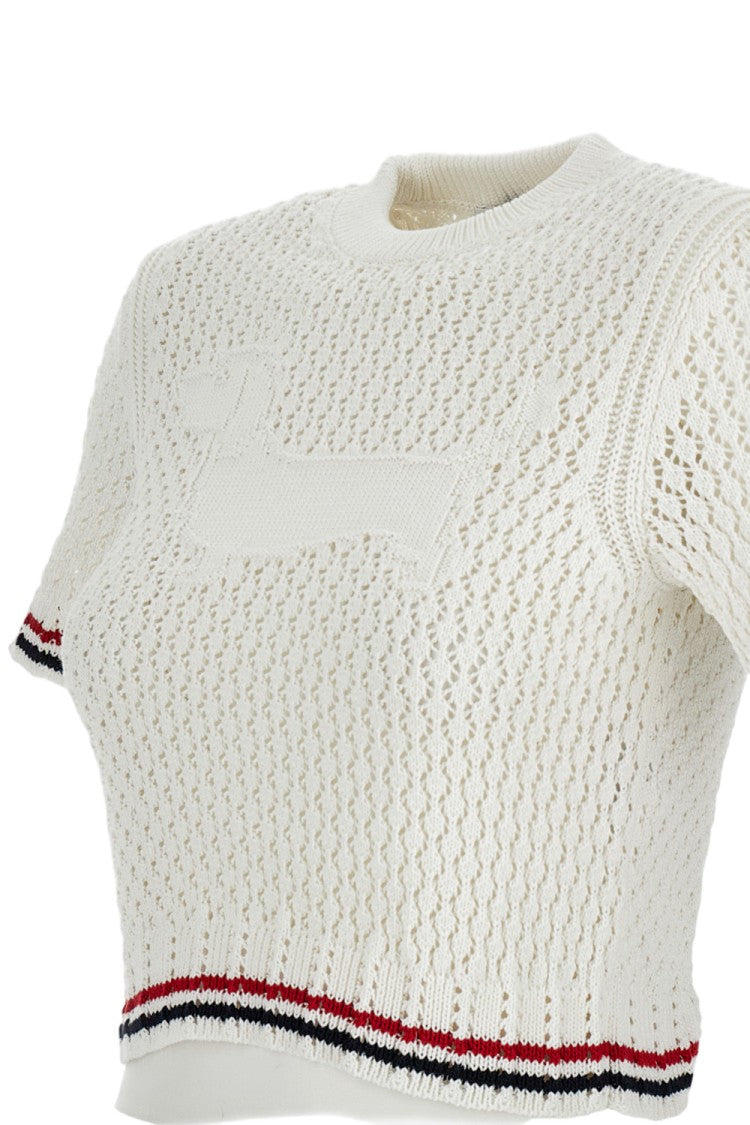 Thom Browne Cropped Cotton Crochet T-Shirt With Dog Motif