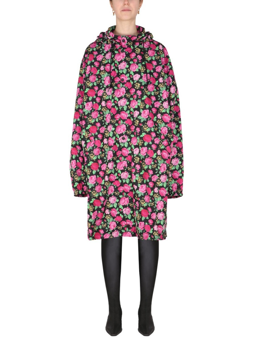 Balenciaga Floral-Pattern Hooded Coat With Drawstring Closure