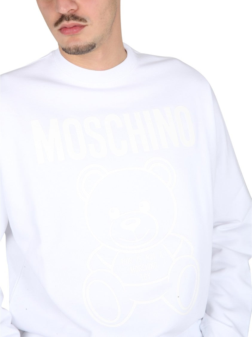Moschino Cross-Neck White Sweatshirt With Playful Teddy Bear Graphic