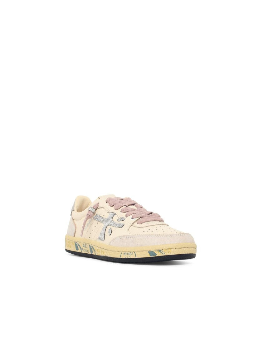 Premiata Ivory White Leather Sneakers With Glitter Side Insert And Logo Detail