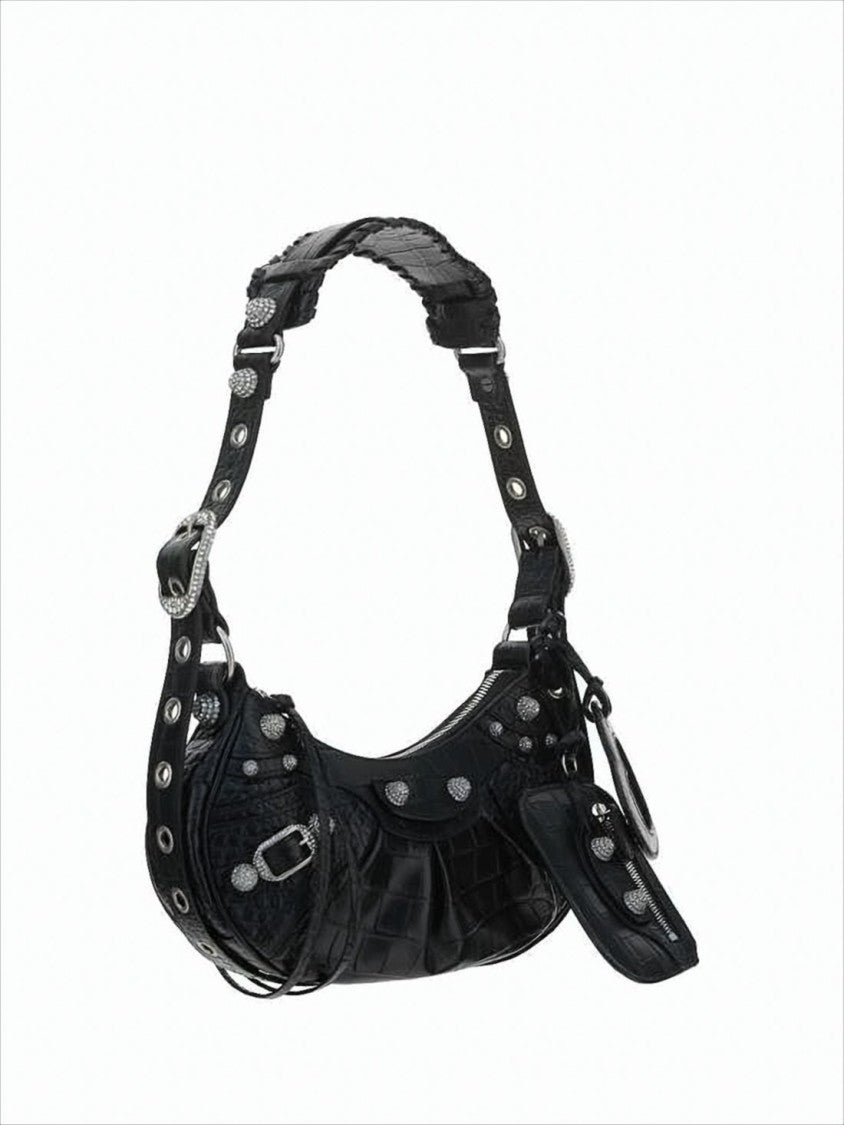 Balenciaga Textured Calf Leather Shoulder Bag With Crocodile Pattern And Silver Studs