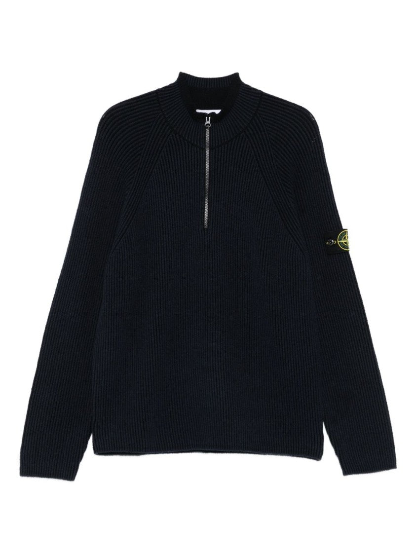Stone Island Half-Zip Ribbed Knit Sweater With High Collar