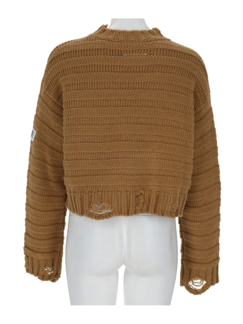 Mm6 By Maison Margiela Cropped Knit Sweater With Distressed Hem And Patch Detail