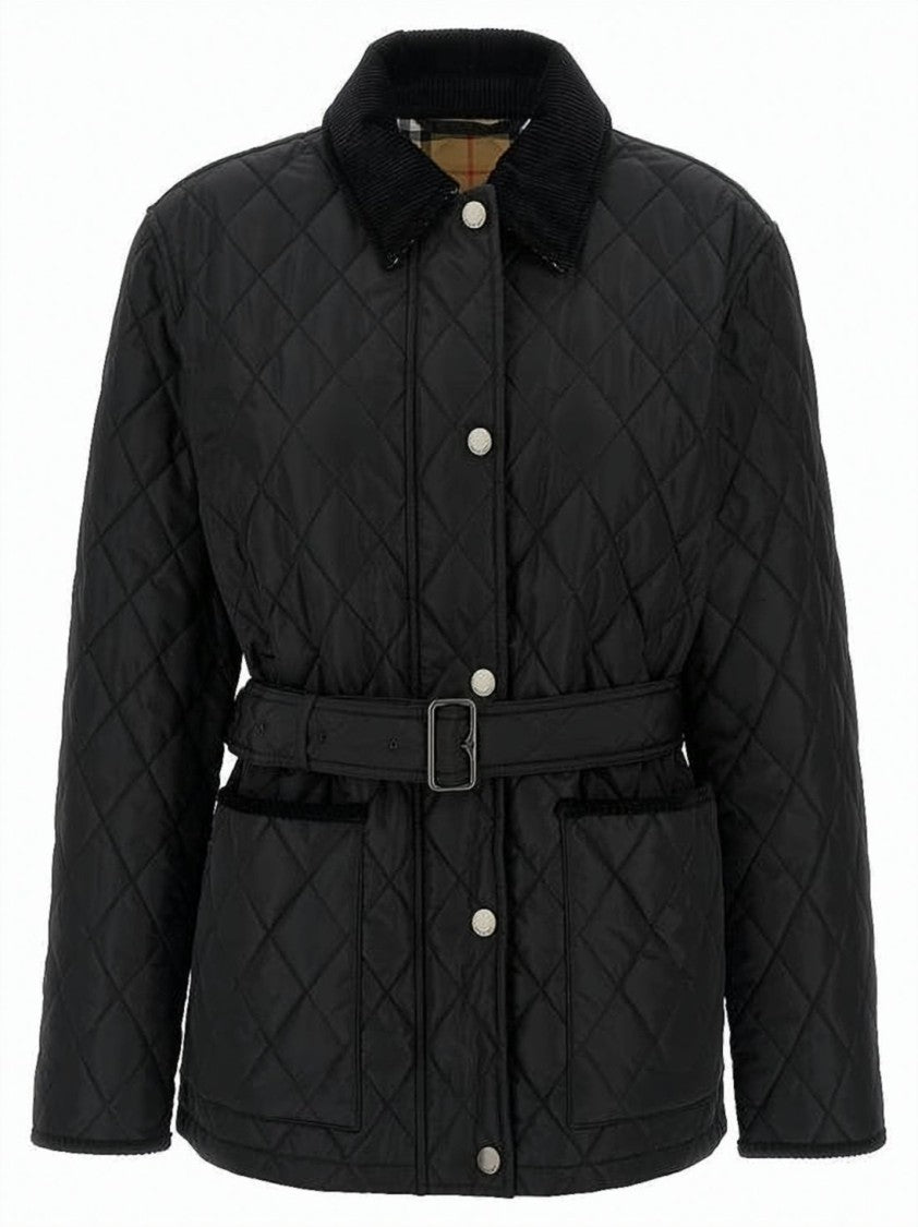 Burberry Quilted Black Jacket With Corduroy Collar And Belted Waist