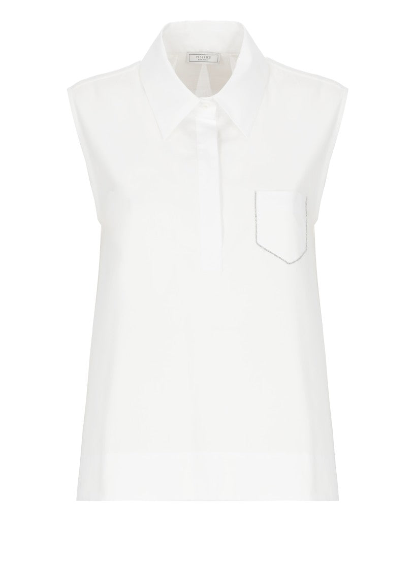 Peserico Sleeveless White Cotton Top With Classic Collar