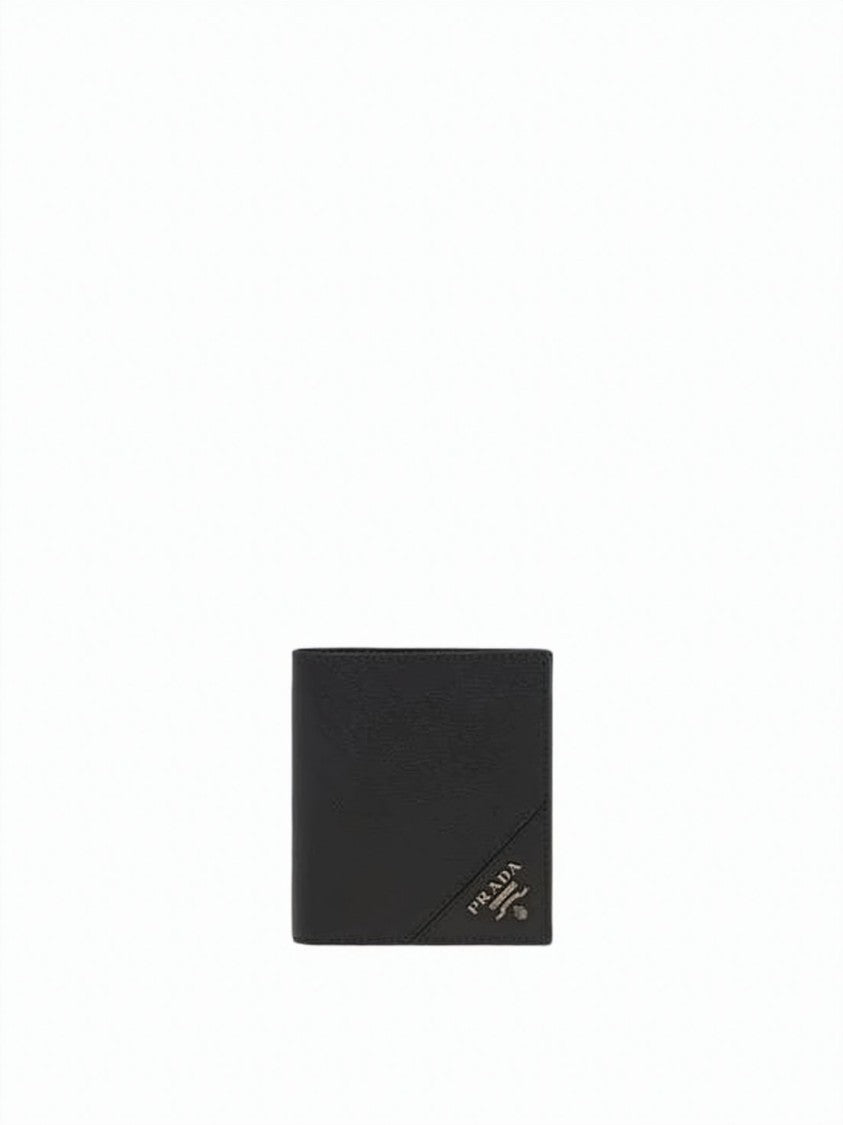 Prada Minimalist Black Smooth Leather Bifold Wallet With Metallic Detail