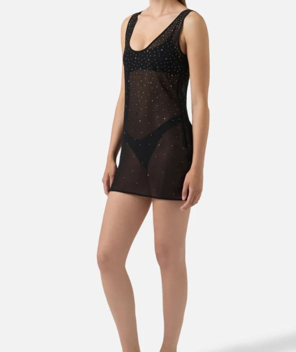 Mc2 Saint Barth Sheer Black Mini Dress With Sparkling Embellishments