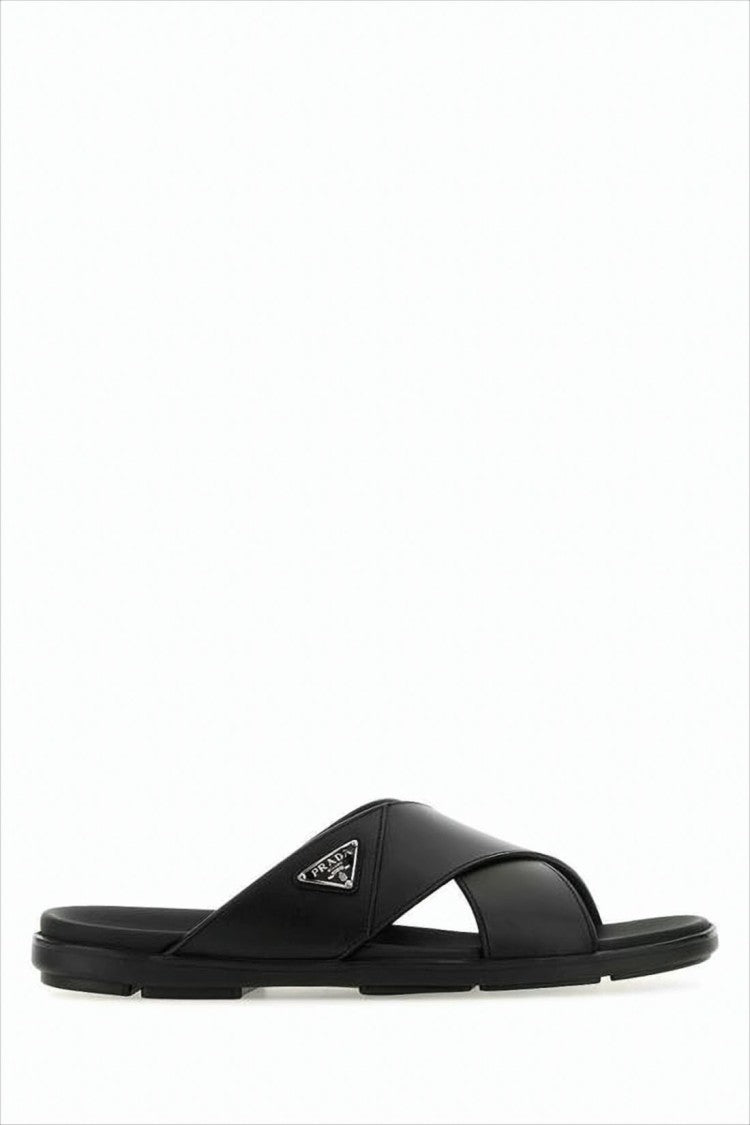 Prada Crisscross Leather Strap Black Slide Sandal