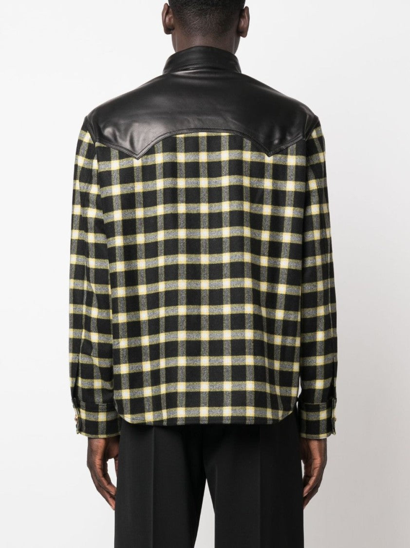 Versace Black Blouson Leather Checkered Sleeve Jacket