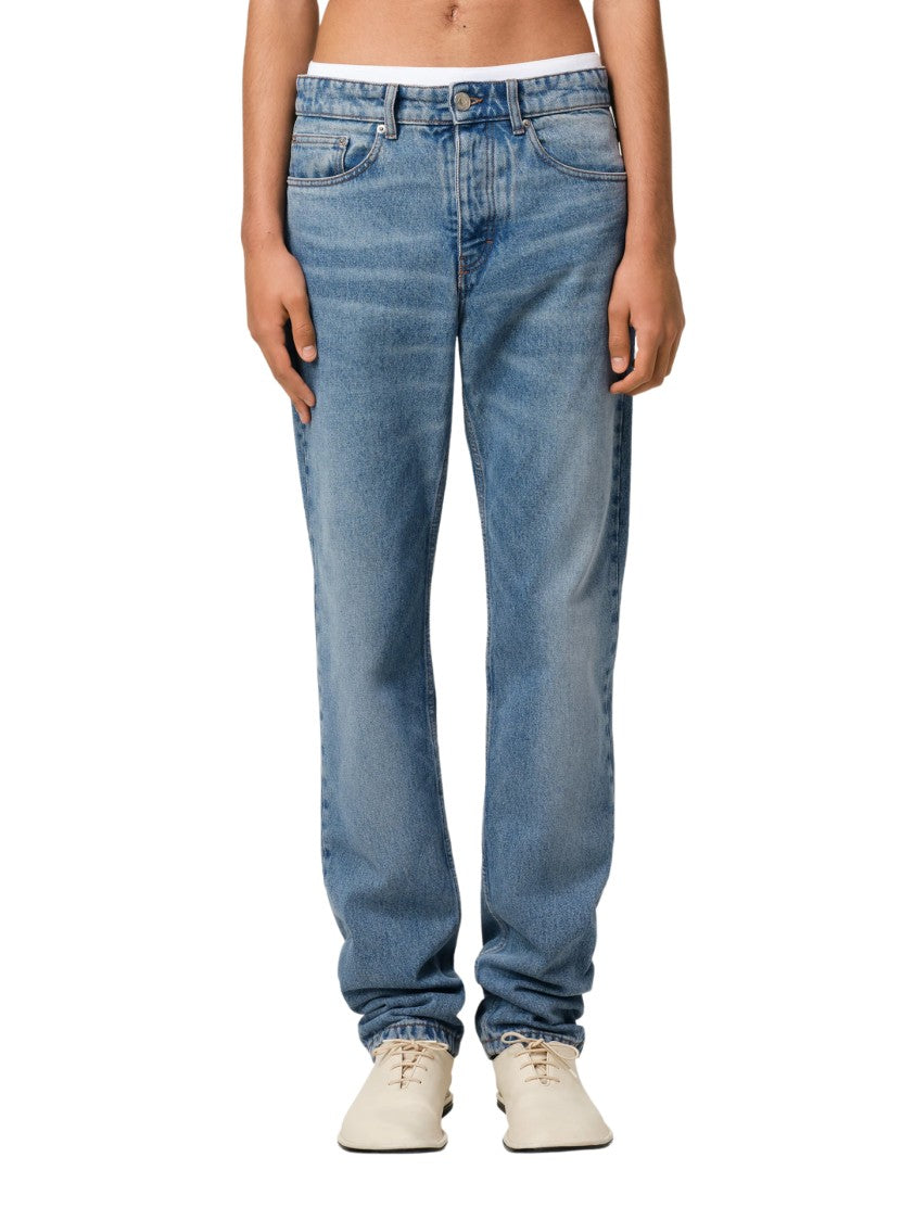 Ami Straight-Leg Denim Jeans With Faded Blue Wash And Leather Accent