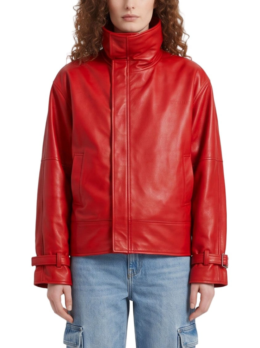 Balenciaga Round High Collar Lambskin Leather Bomber Jacket