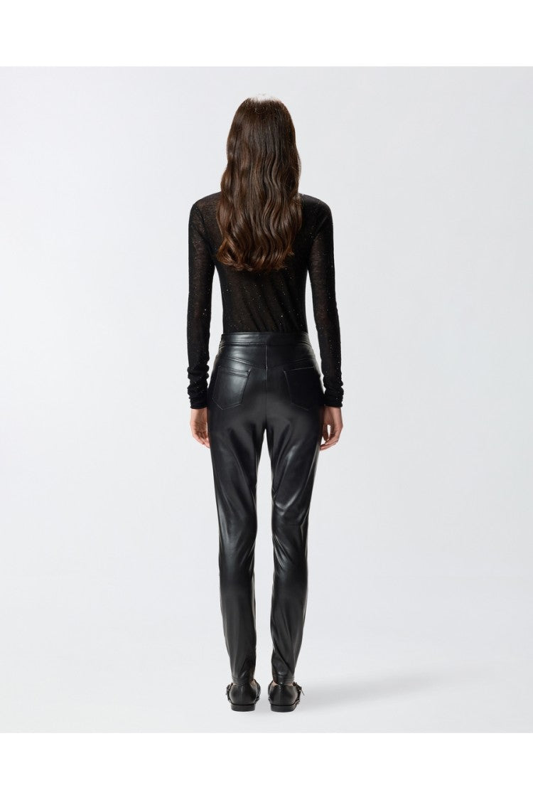 Pinko Black V-Waistband Ruched Hip Panel Faux Leather Leggings