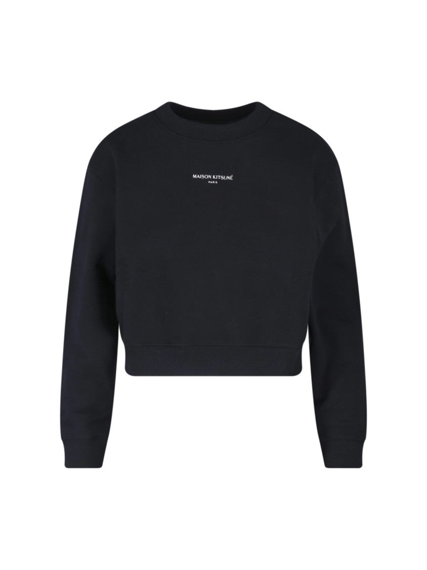 Maison Kitsuné Black Cropped Crewneck Cotton Logo Sweatshirt