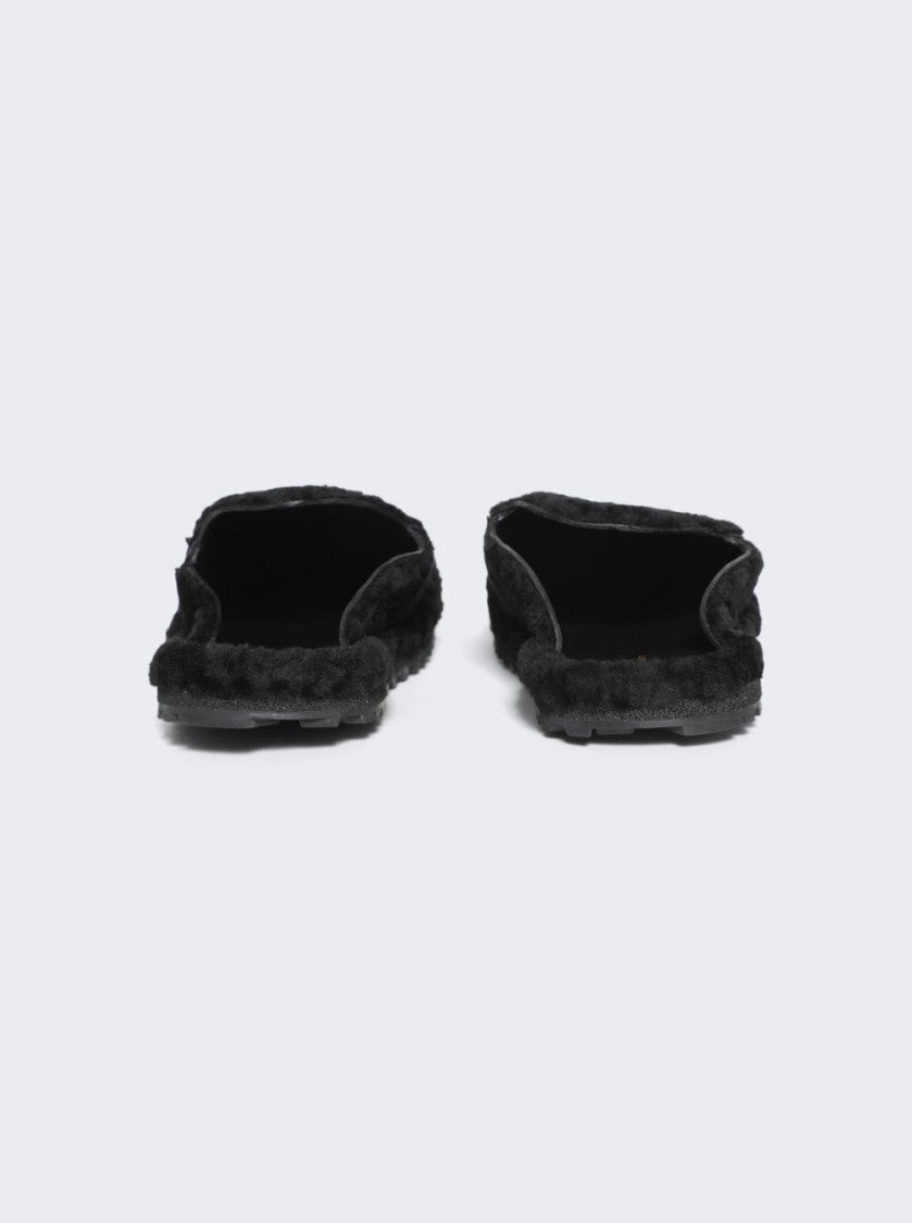 Dries Van Noten Black Shearling Mules With Rounded Toe