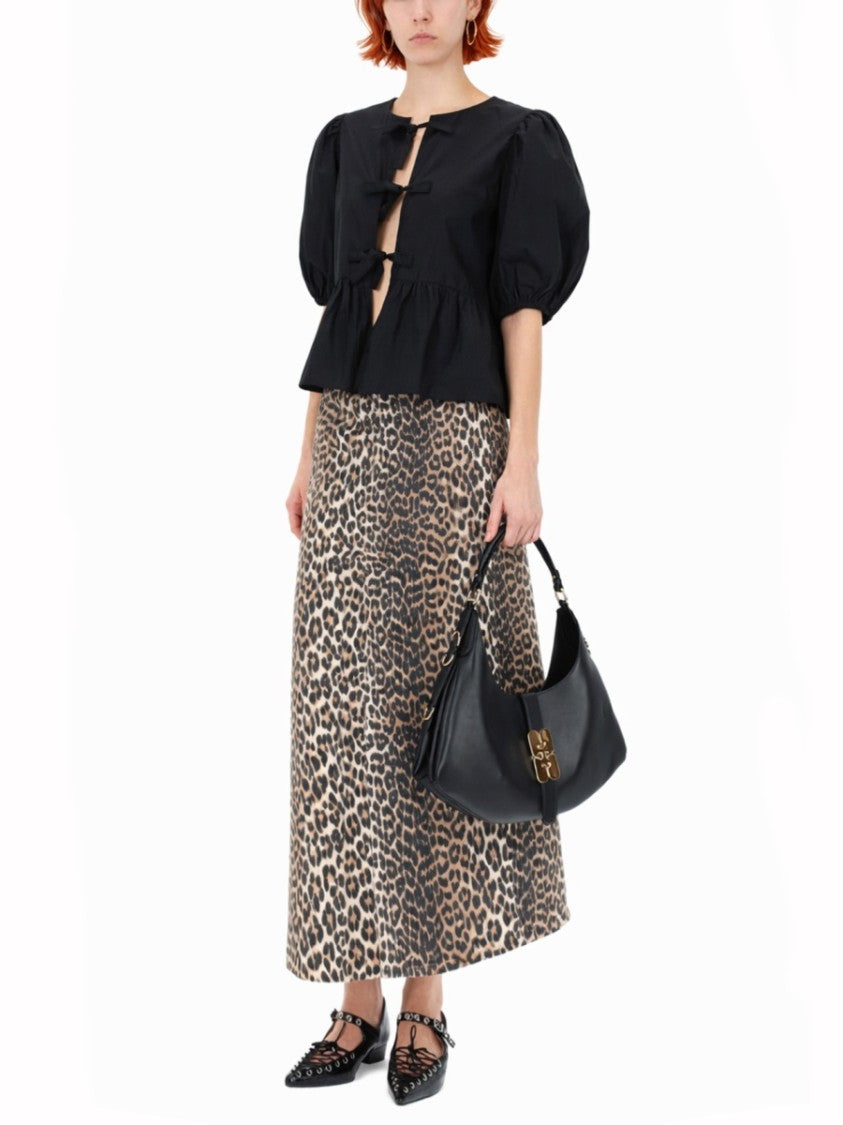 Ganni Black Puff Sleeves Bow Front Poplin Blouse
