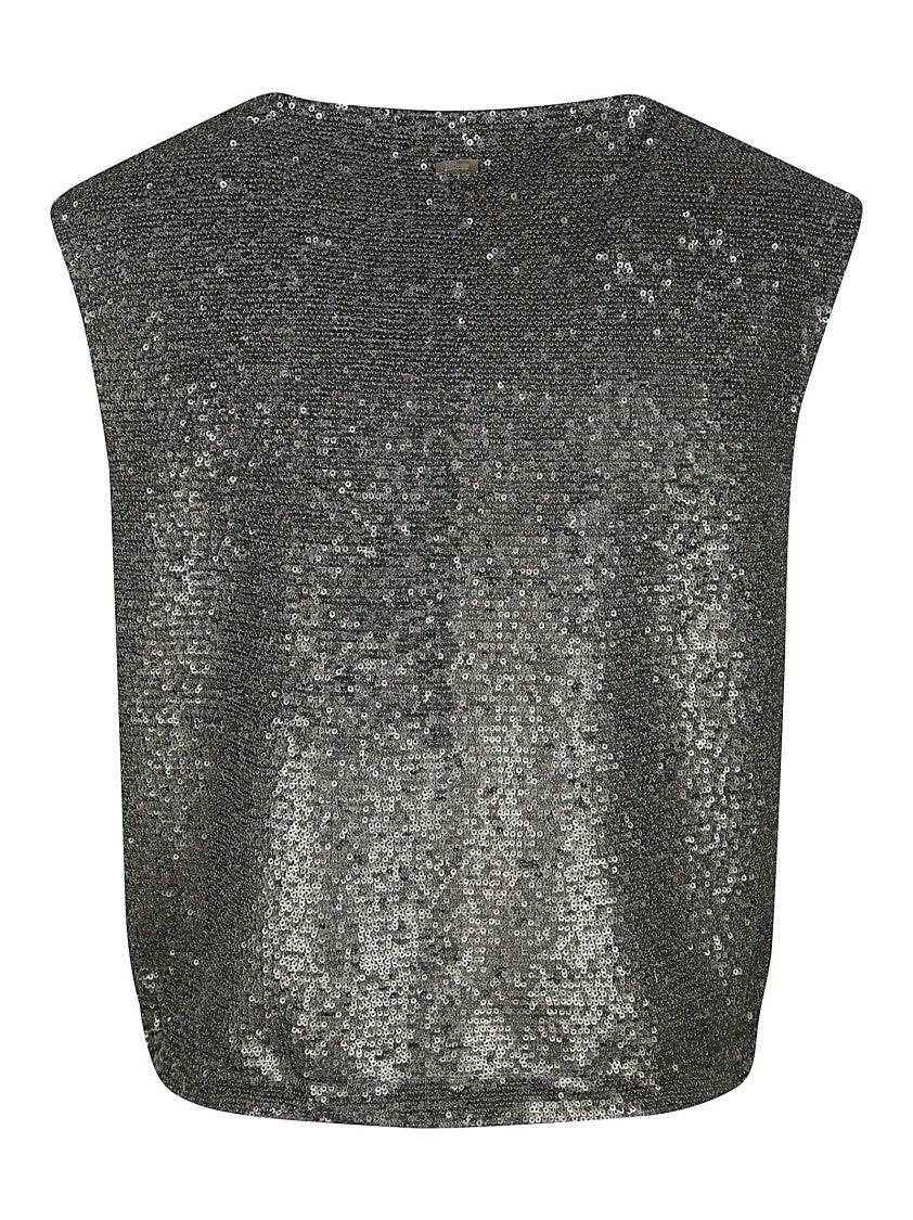 Herno Sleeveless Metallic Sequined Top With Zipper Detail