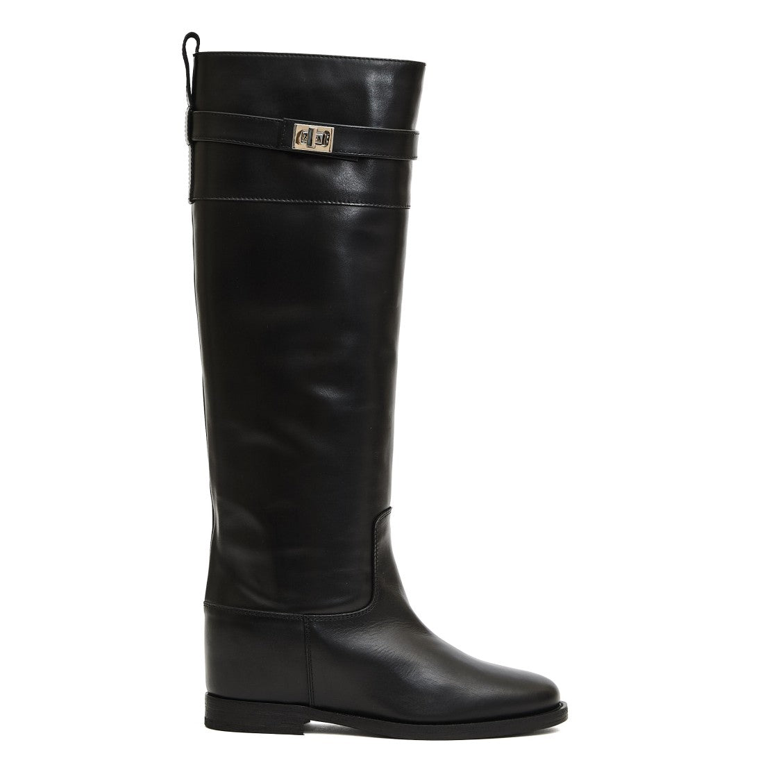 Via Roma 15 Tall Black Leather Boots With Silver Clasp Detail