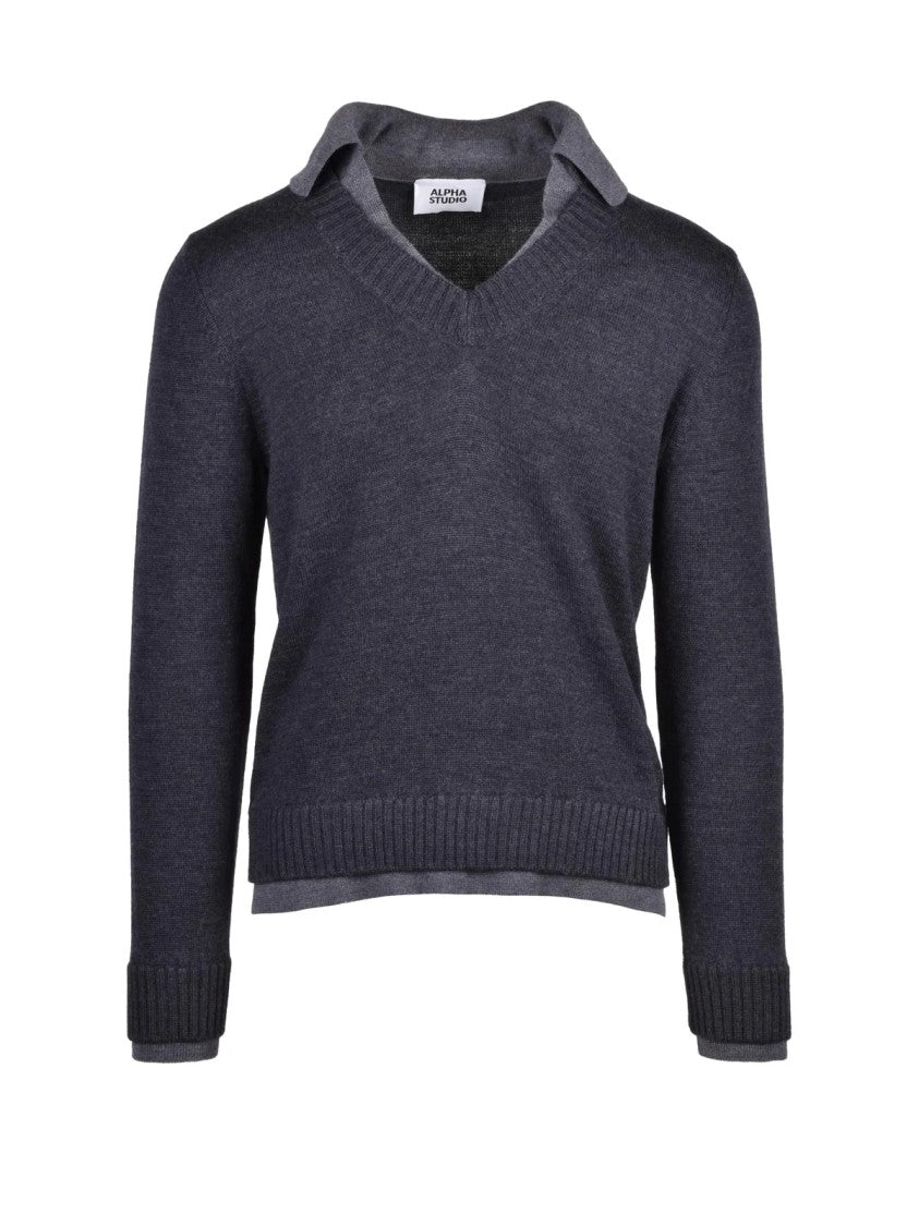 Alpha Studio V-Neck Long Sleeve Knit Sweater With Ribbed Cuffs