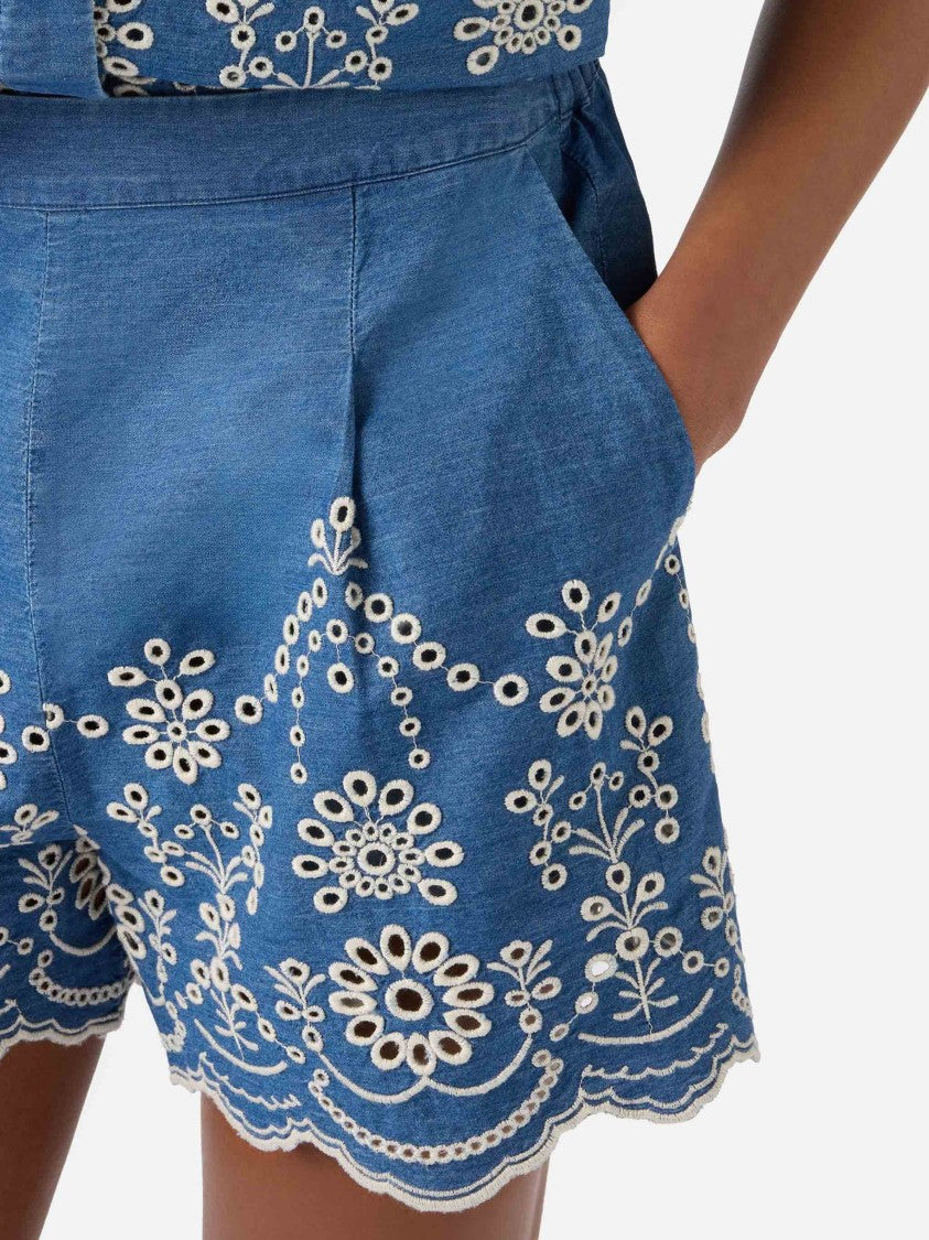 Mc2 Saint Barth Intricate Floral Embroidered Blue Shorts With Tailored Fit