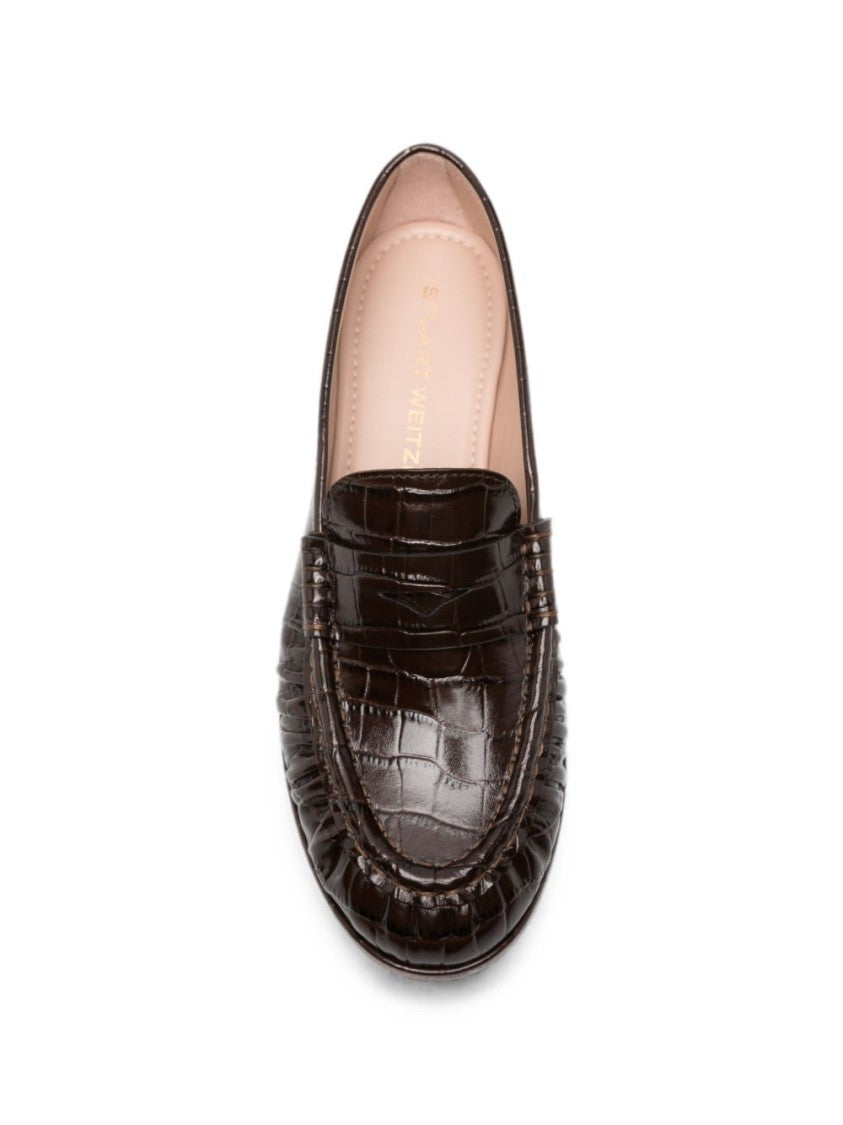 Stuart Weitzman Black Crocodile-Embossed Flat Classic Penny Loafers