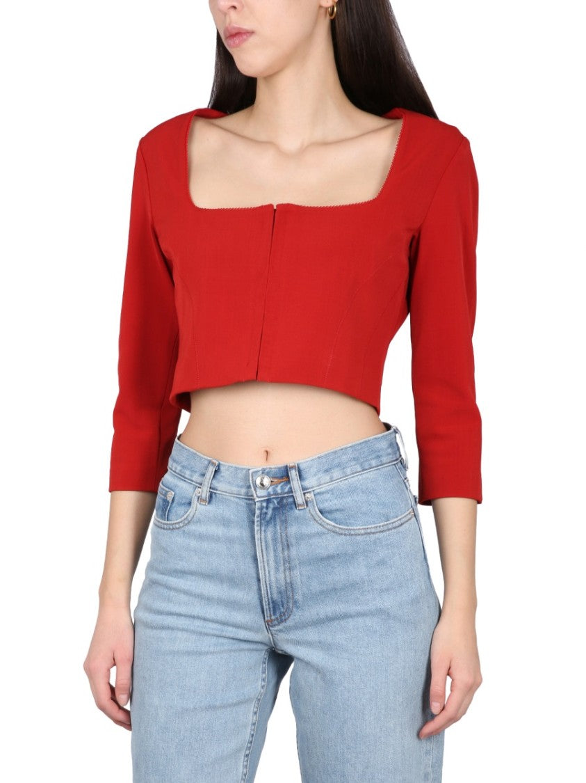 Acne Studios Cropped Red Long Sleeve Top With Square Neckline