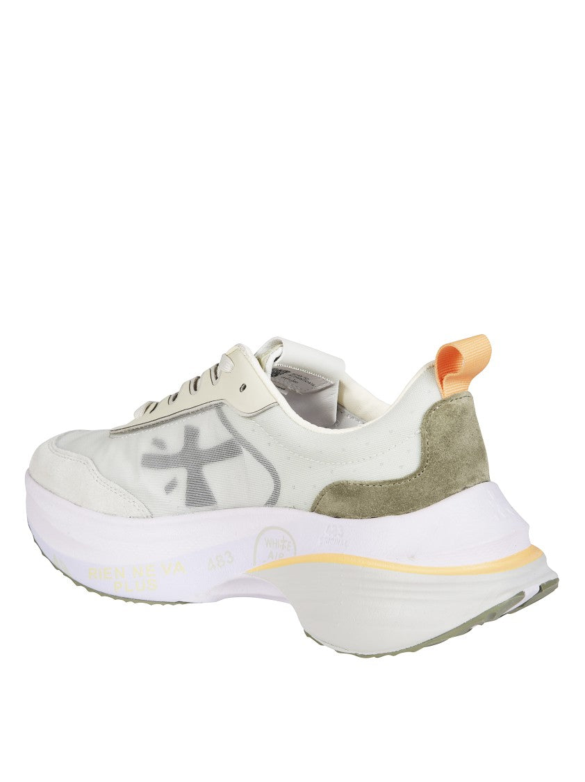 Premiata Light Beige Sneakers With Olive Green Suede Accents