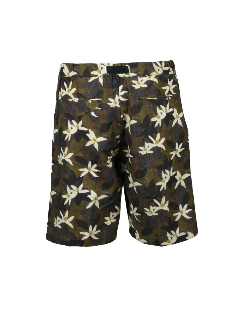 White Sand Khaki Floral Camouflage Print Linen-Blend Bermuda Shorts