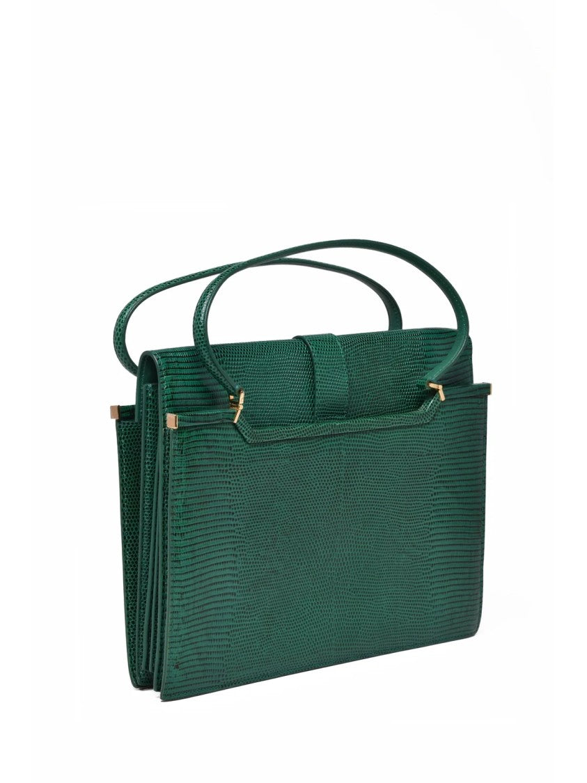 Dolce & Gabbana Textured Green Leather Printed Handbag With Flap Closure