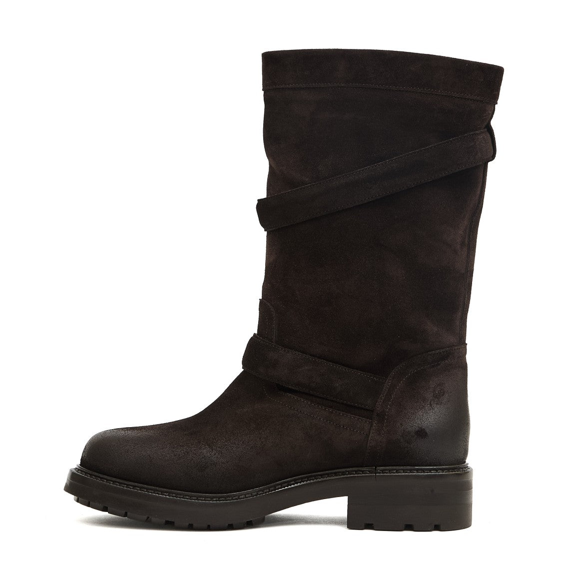 Strategia Dark Brown Suede Biker Ankle Boots With Zipper And Buckle Accents