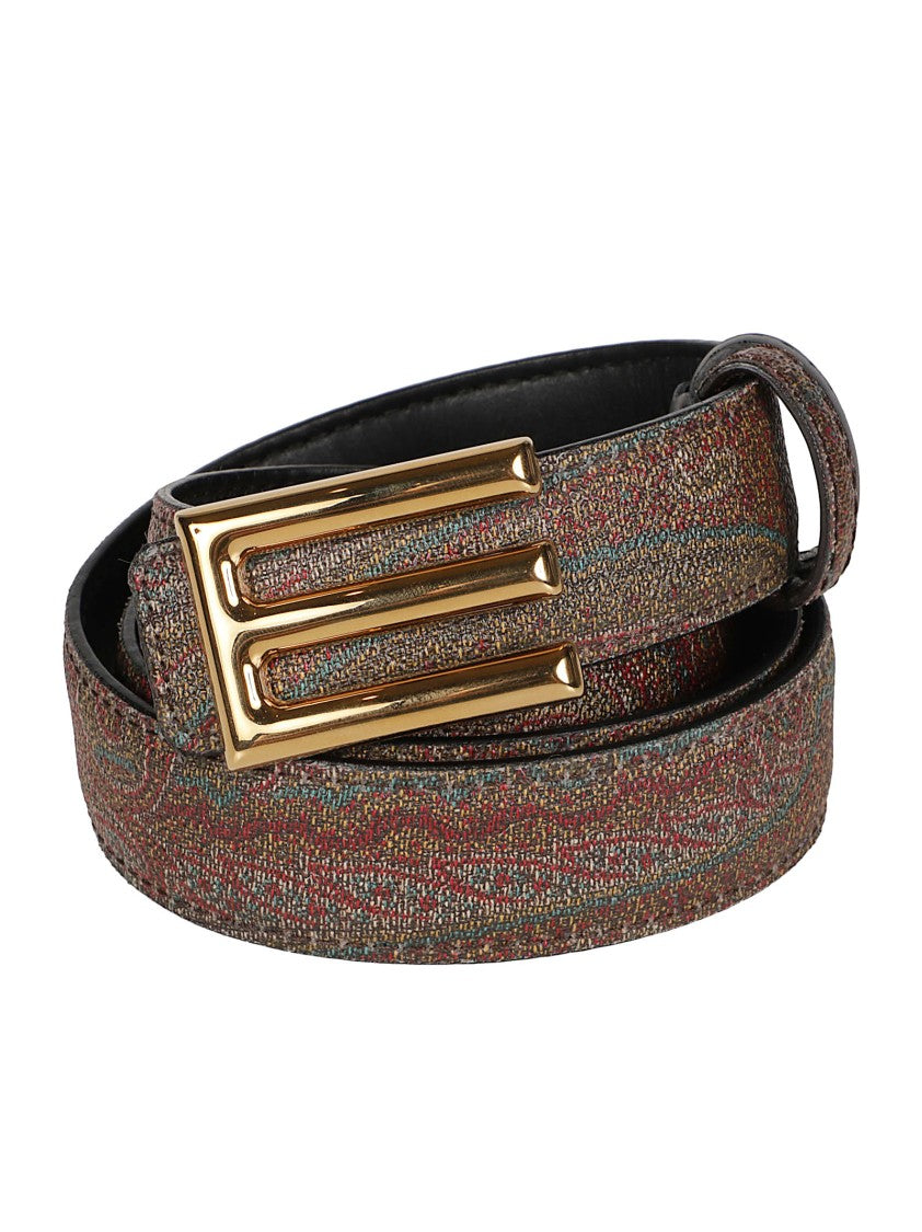 Etro Reversible Slim Belt With Textured Paisley Pattern And Leather Side
