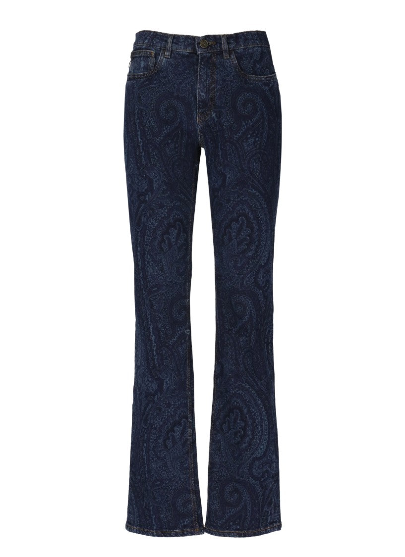 Etro Blue Dark Paisley Flared Cotton Denim Jeans