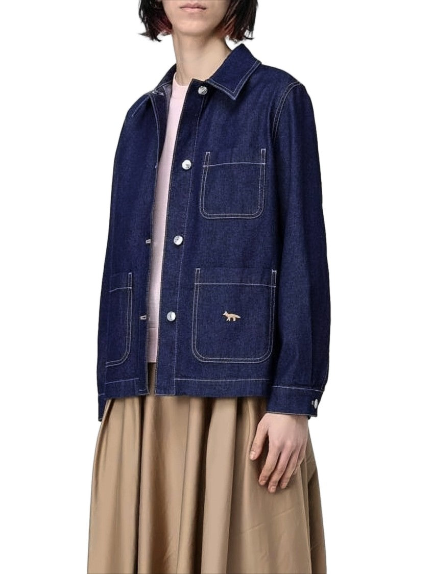 Maison Kitsuné Boxy Denim Jacket With Contrast Stitching And Embroidered Logo