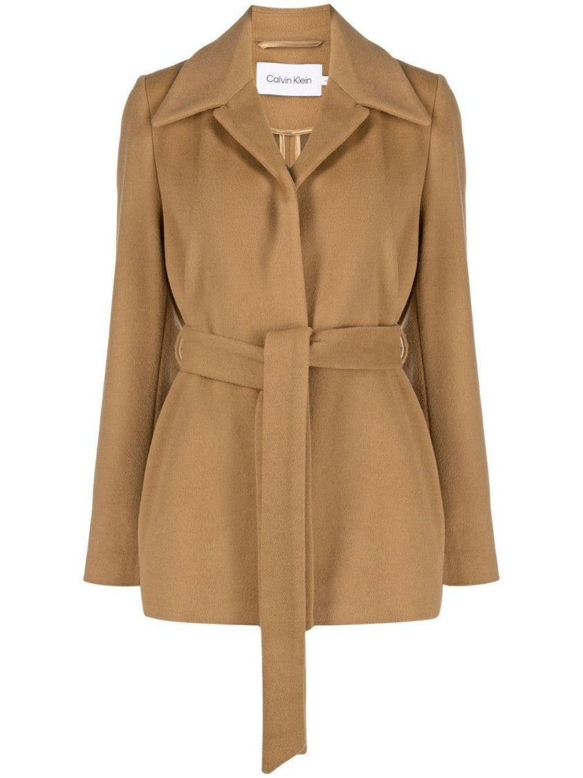 Calvin Klein Beige Tailored Coat With Wide Collar And Self-Tie Belt