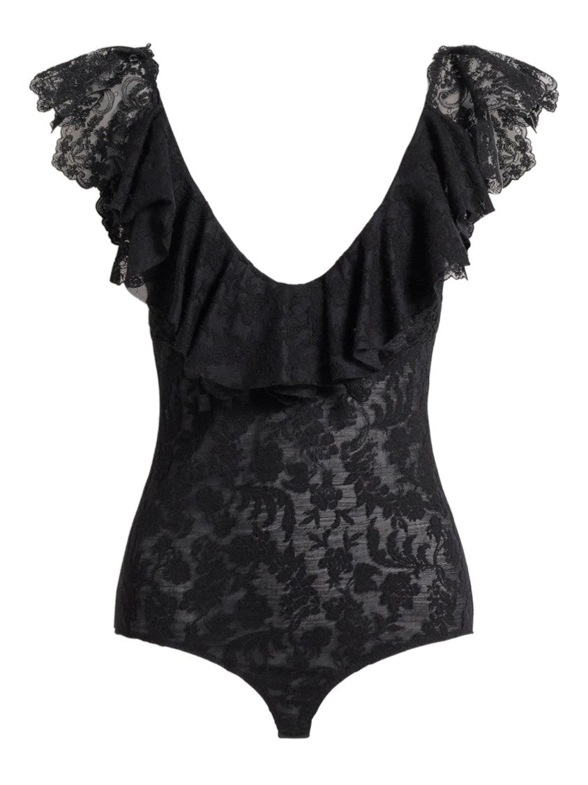 Alberta Ferretti Black Body Fitted Lace Wool Bodysuit
