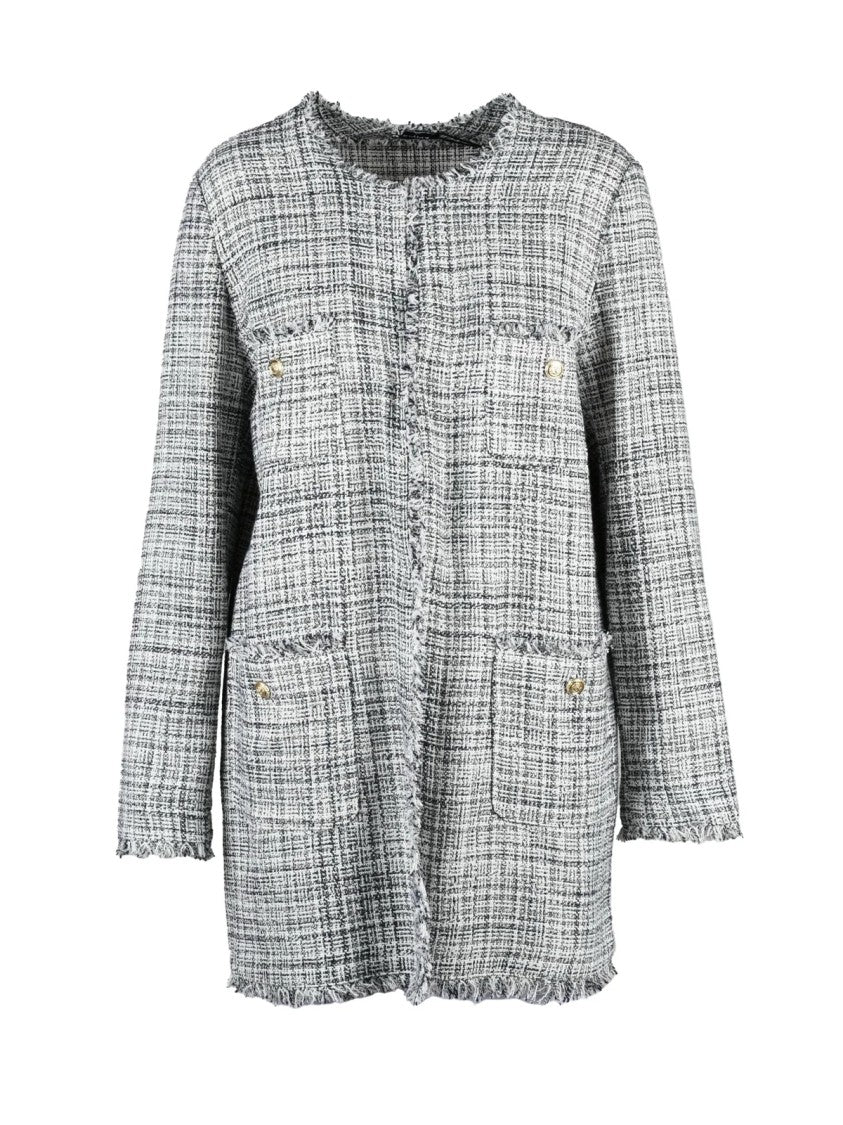 Emme By Marella Textured Bouclé Jacket With Checkered Pattern And Gold-Tone Accents