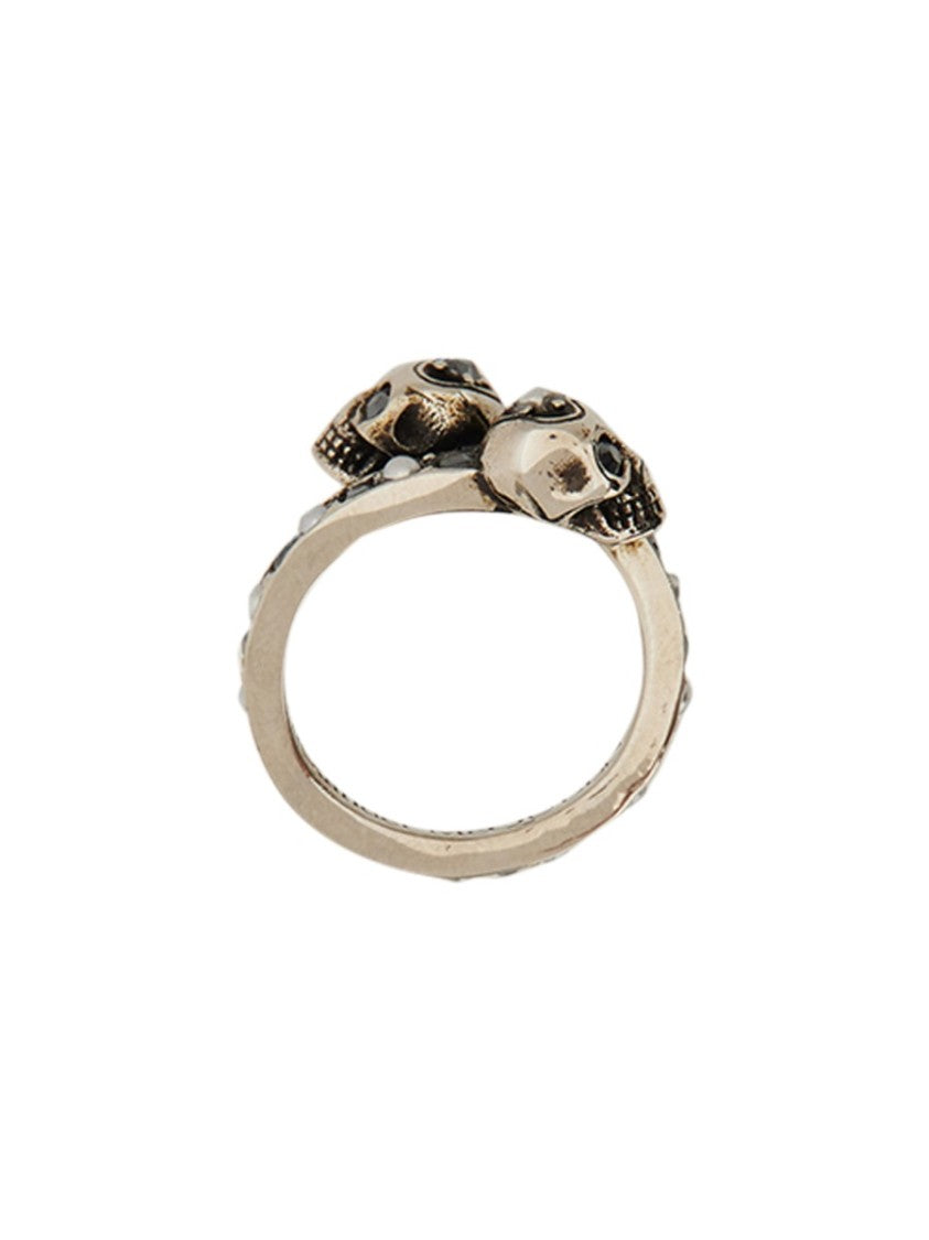 Alexander Mcqueen Twin Skull Intricate Dark Stones Brass Ring