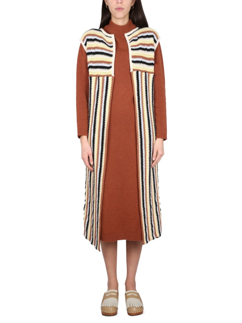Alysi Open Front Striped Long Vest With Textured Knit