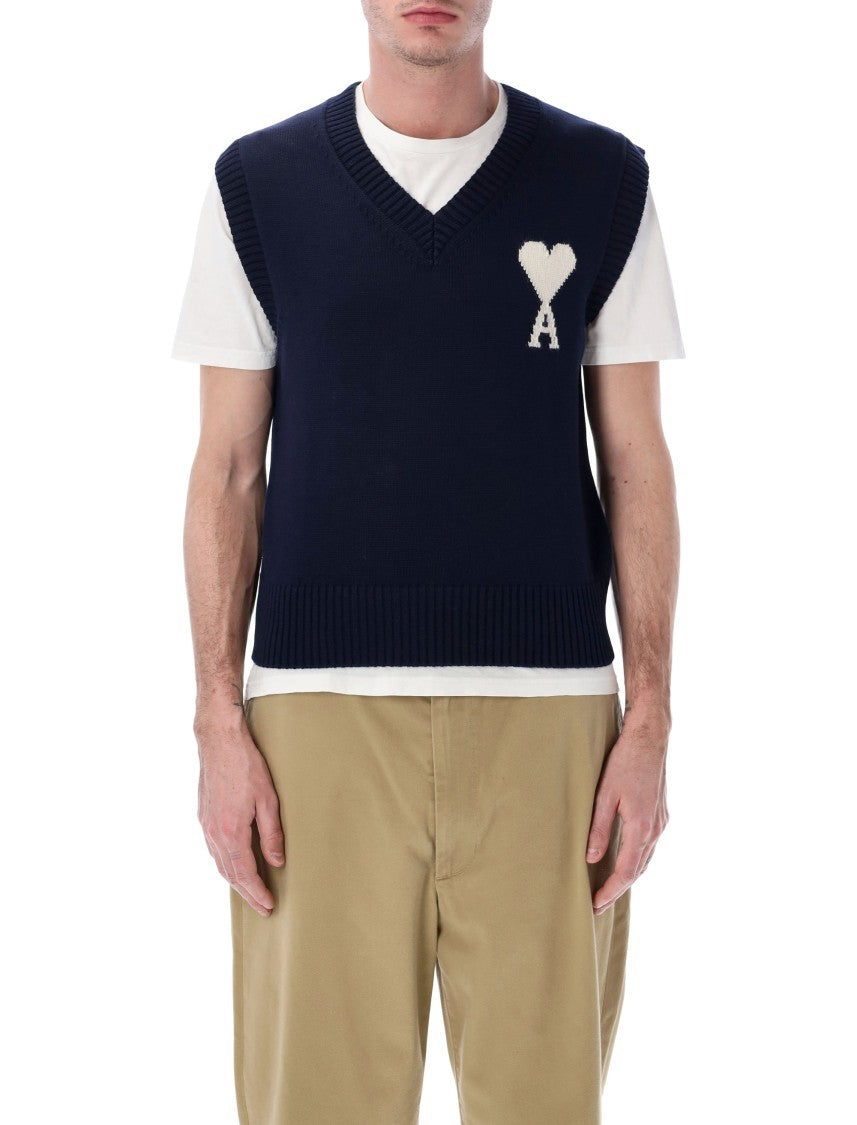 Ami Paris Sleeveless Knit Vest With V-Neck And Intarsia Detail
