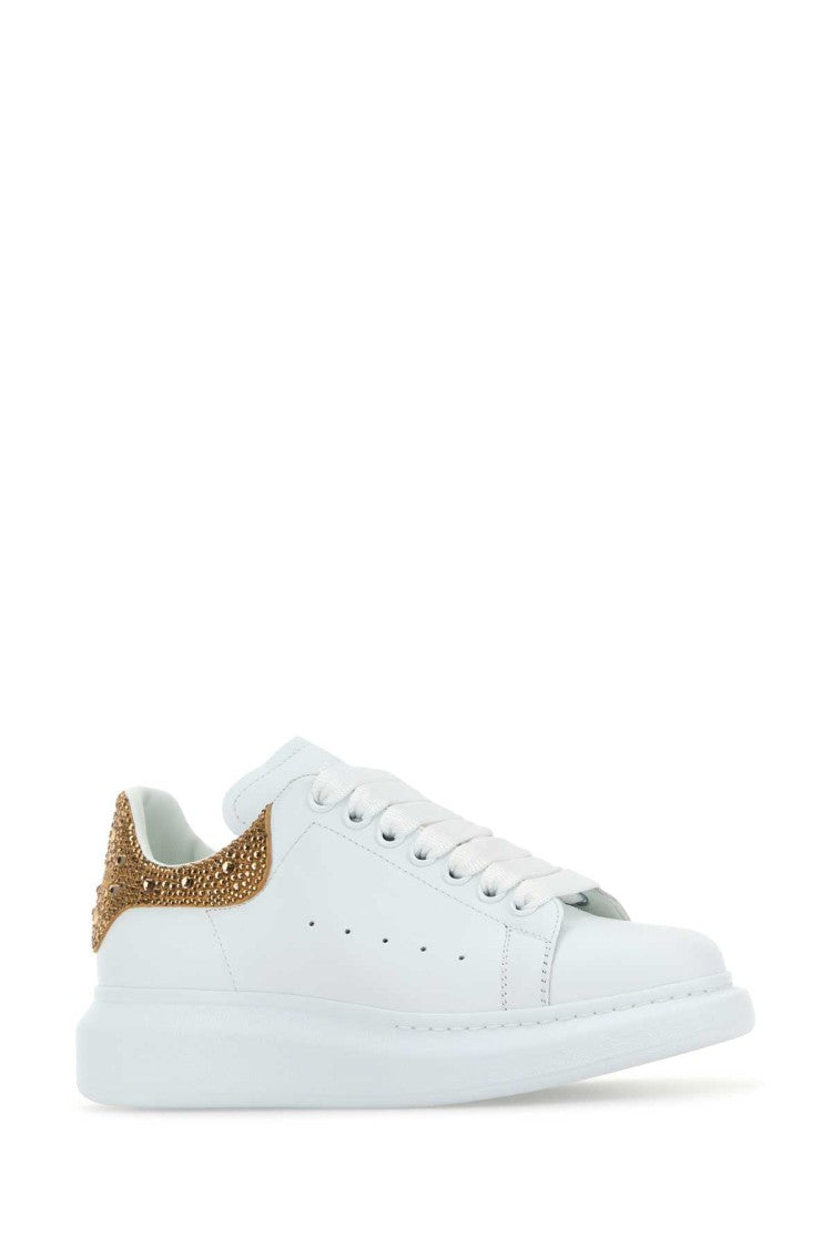 Alexander Mcqueen White Leather Sneakers With Embellished Suede Heel