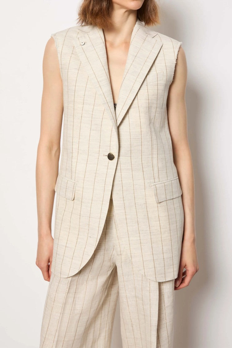 L.B.M. 1911 Sleeveless Linen Vest With Macro Pinstripe