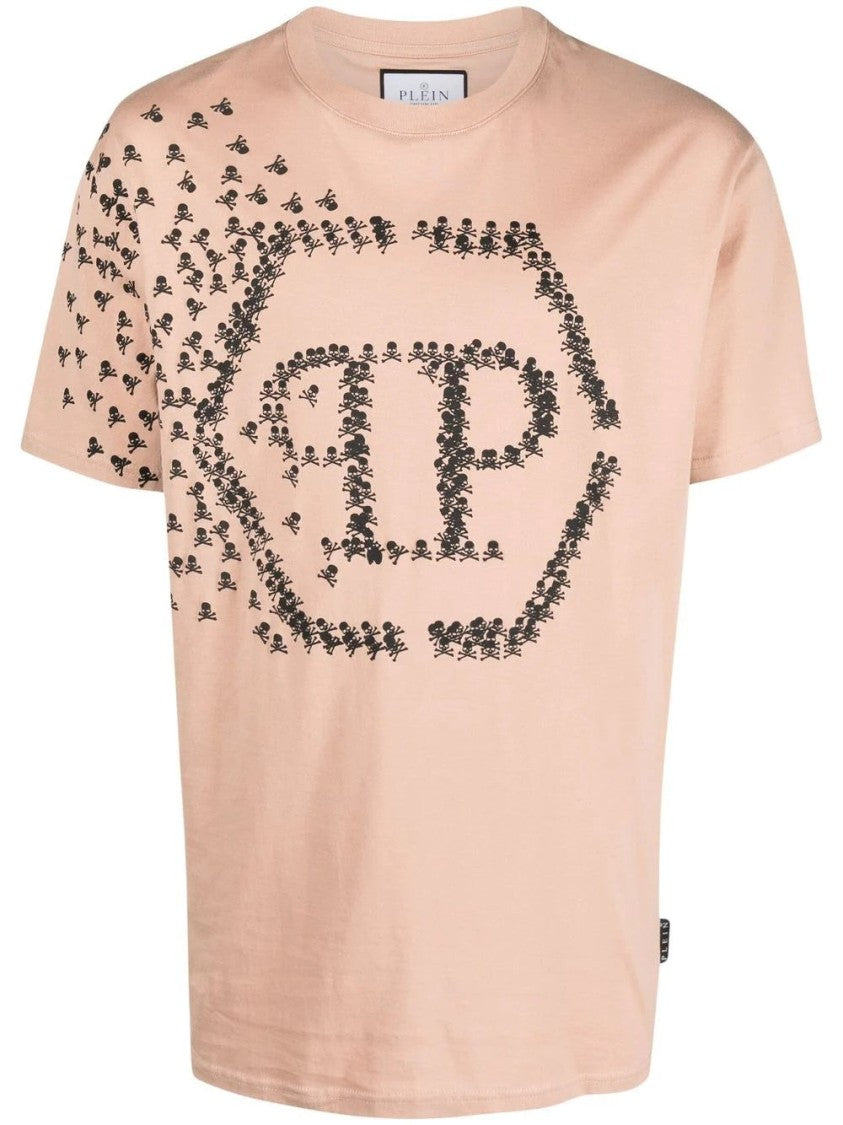 Philipp Plein Beige Short Sleeve T-Shirt With Skull Motif Emblem