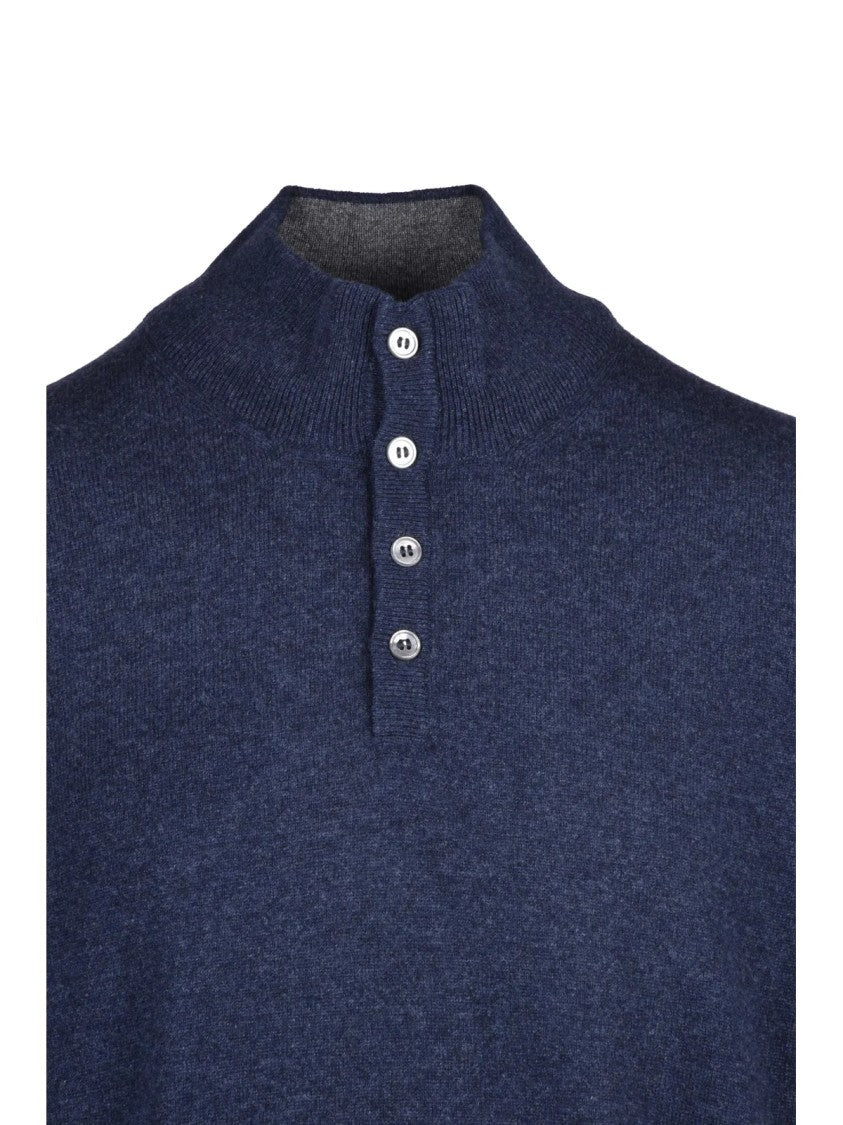 Vengera Blue Wool-Blend Button Mock Neck Sweater