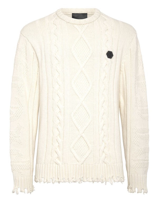 Philipp Plein Ivory Wool Cable-Knit Logo-Patch Sweater