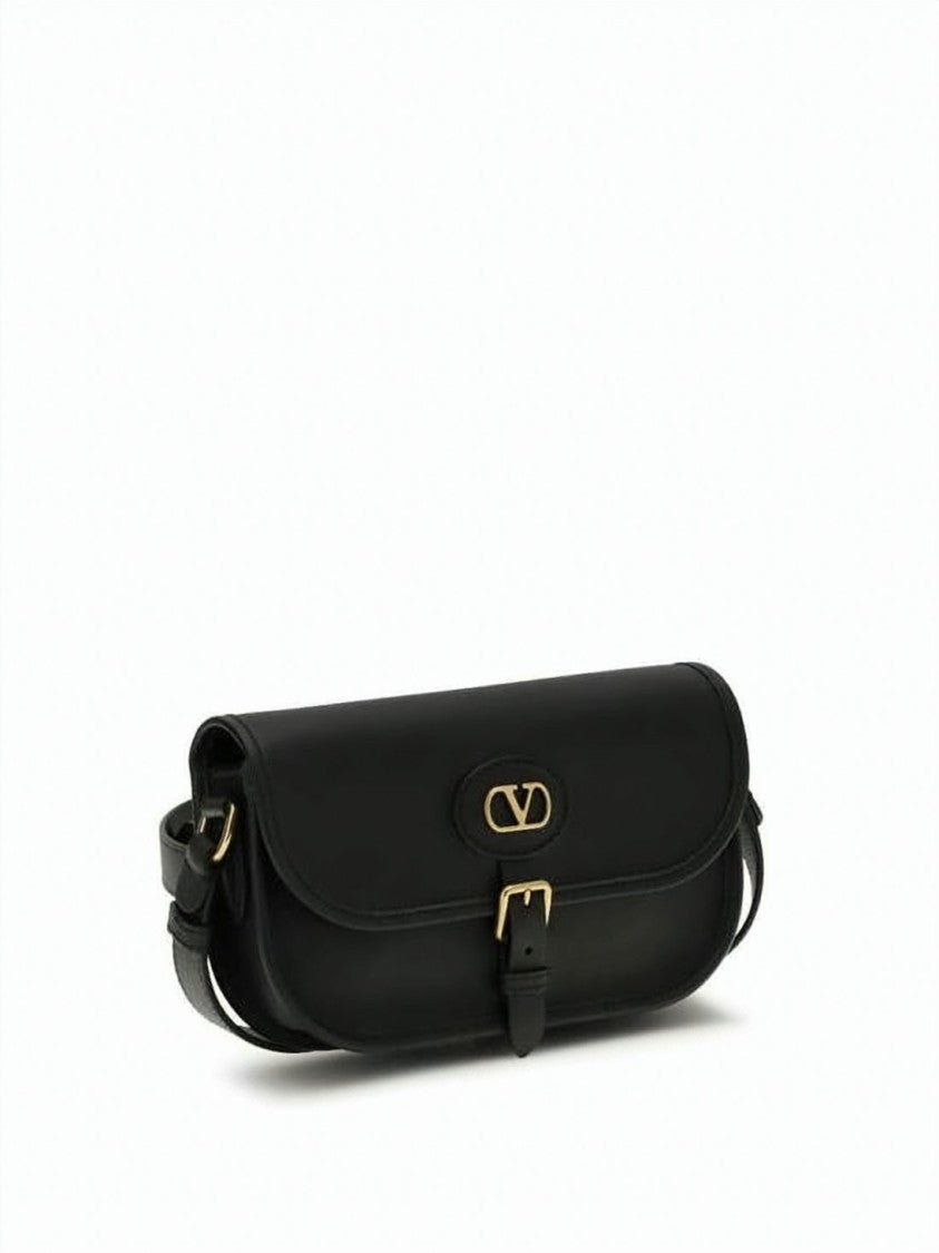 Valentino Garavani Structured Black Calf Leather Shoulder Bag With Gold-Tone Accents