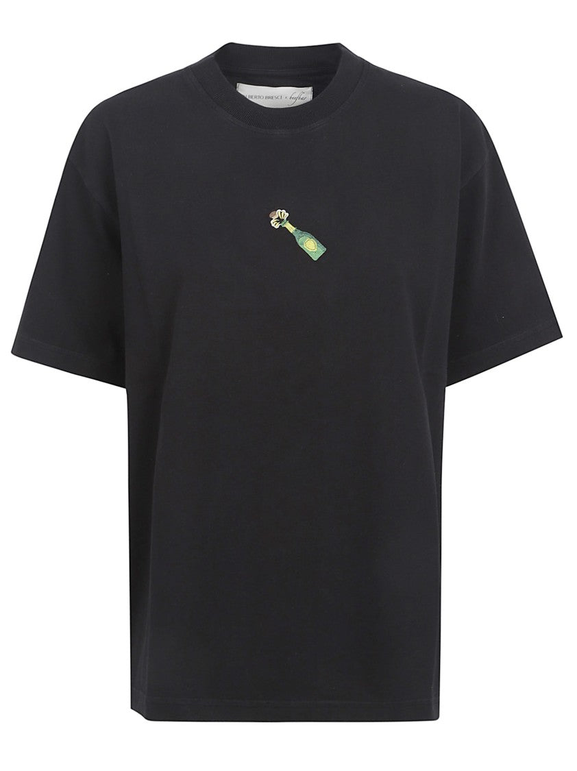 Alberto Bresci Relaxed Fit Black T-Shirt With Embroidered Bottle Design