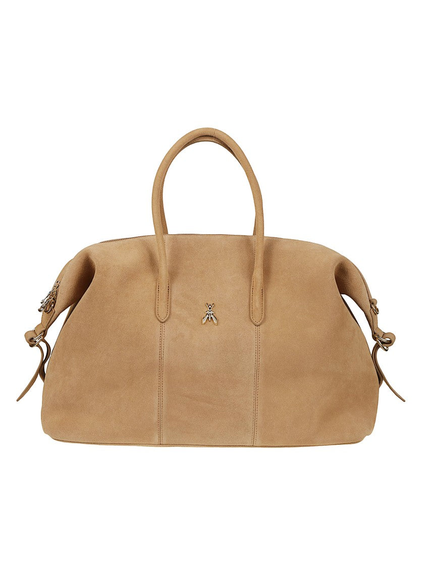Patrizia Pepe Structured Calf Leather Metallic Emblem Top Handle Bag